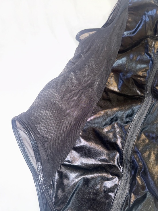 Woman’s Black Shiny Zip-Front Sheer Panel Bodysuit - Picture 2 of 7